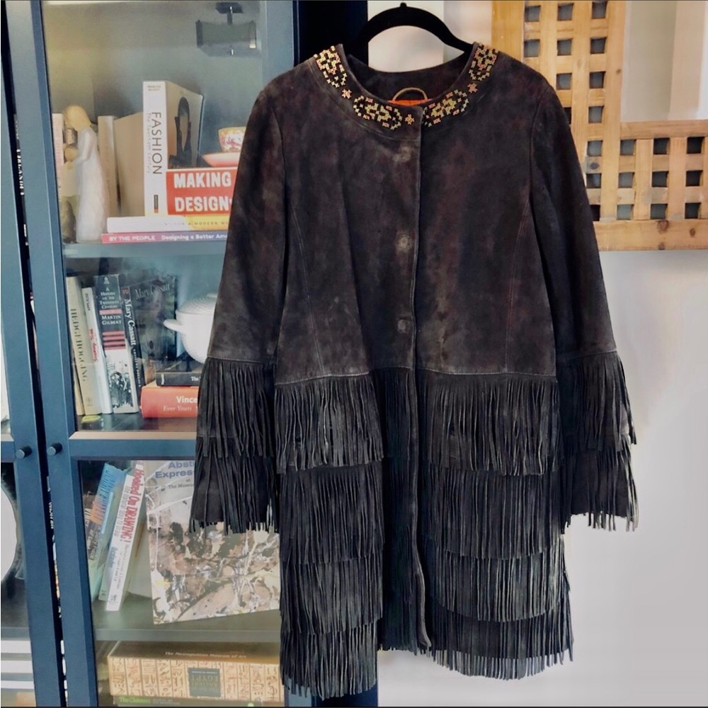 BAZAR DELUXE Leather Suede Fringe Long Coat Size 4 Small Dark Brown-Black EUC